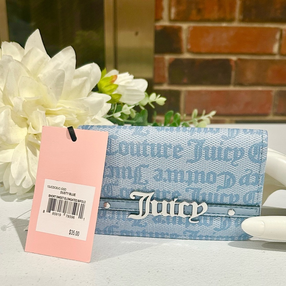 Juicy Couture Dusty Blue Short Sweet Elongated Faux Leather Bifold Wallet NWT